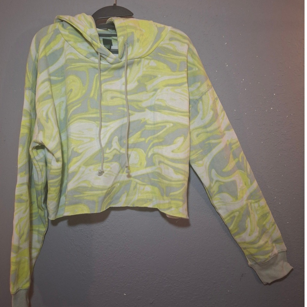 Wild Fable Lime Green Marble Swirl Cropped Hoodie Sweatshirt Womens Large - Picture 2 of 5